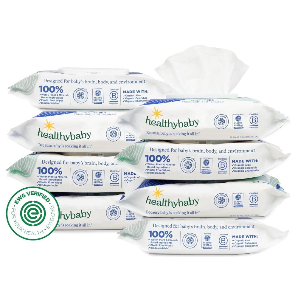 image:imageHealthyBaby Our Wet Wipes  EWG Verified Safe  100 Water amp Plant Based  Unscented amp Safe for Sensitive Skin  Fragrance Free and Totally Chlorine Free 8 packs 512 wipes8 Count Pack of 64